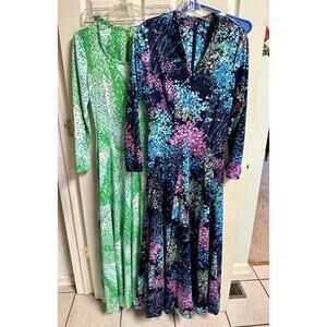 VNT 70s Set Of 2 Maxi Dress Print Boho Hippy Med 12 Green Floral Geo Mod Party